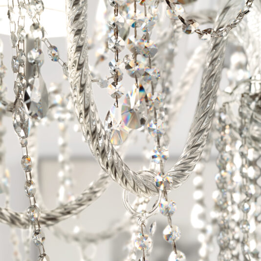 Close-up of the Classic Style Clear Crystal Chandelier, featuring intricate twisted metalwork and glass crystals that reflect light, creating sparkling rainbow-like effects.