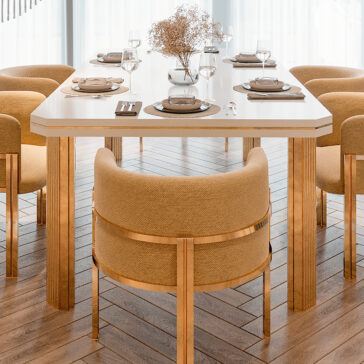 Contemporary Dining Table And Chairs Set The Contemporary Dining Table and Chairs Set enhances a modern dining room with a sleek white table and eight gold-accented chairs. It's elegantly arranged with plates, glasses, cutlery, and a dried flower centerpiece, while natural light streams through sheer curtains.
