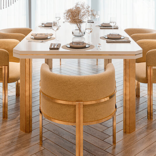 The Contemporary Dining Table and Chairs Set enhances a modern dining room with a sleek white table and eight gold-accented chairs. It's elegantly arranged with plates, glasses, cutlery, and a dried flower centerpiece, while natural light streams through sheer curtains.