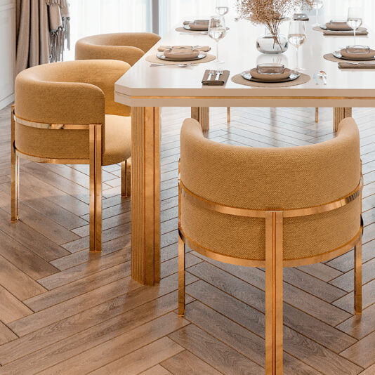 The Contemporary Dining Table and Chairs Set includes a glossy white table with plates and glasses, surrounded by brown cushioned chairs with gold accents. It stands on light wooden planks, creating a warm, inviting atmosphere enhanced by natural light.