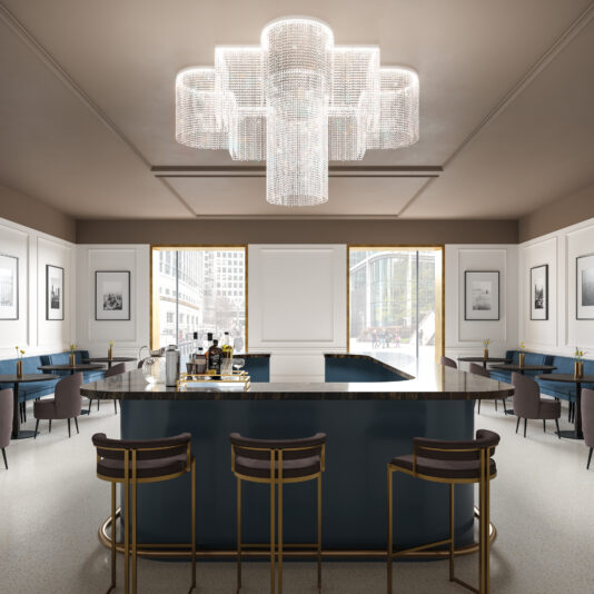 Large Statement Cut Crystal Ceiling Light The elegant, modern bar features a large round marble counter with gold and gray stools. A Modern Oval Smoked Cut Crystal Chandelier hangs above, while framed black-and-white photos adorn the walls and large windows provide a sweeping cityscape view.
