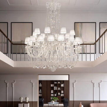 The Tiered Classic Style Clear Crystal Chandelier (Copy) with multiple white lampshades hangs in an elegant double-height room featuring classic molding, a balcony, framed artwork, and bookshelves.