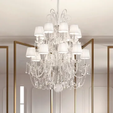 Tiered Classic Style Clear Crystal Chandelier The Classic Style Clear Crystal Chandelier (Copy) features white lampshades and ornate crystals, hanging from the ceiling in a bright room with large mirrors and minimalist decor.