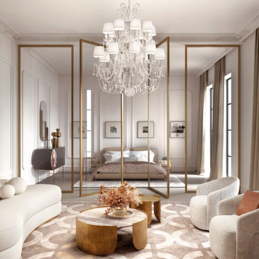 Elegant bedroom featuring a Classic Style Clear Crystal Chandelier (Copy), mirrored wall panels behind the bed, neutral-toned furniture, modern chairs, a curved sofa, gold-accented tables, and large windows with flowing curtains.