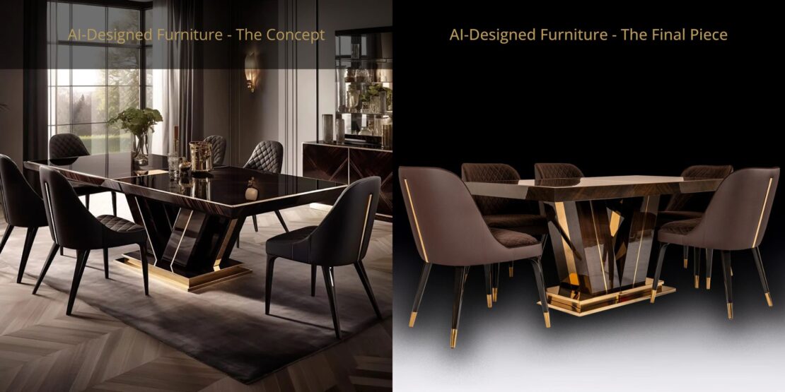 Split image showing a dining table design: the left side presents the concept of ai-designed furniture in a furnished room, while the right side displays the final piece with similar chairs and table isolated on a black background. Text labels each side accordingly.