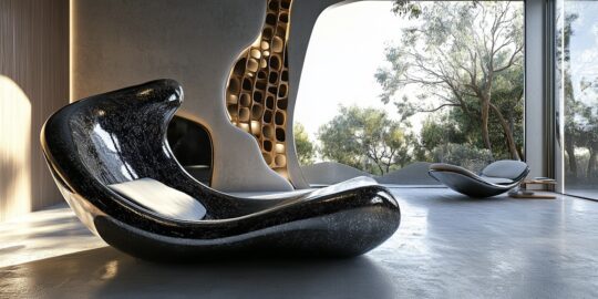 A modern living room with futuristic black, ai-designed lounge chairs, a wall featuring honeycomb-like patterns, and large windows offering a view of trees and natural light.