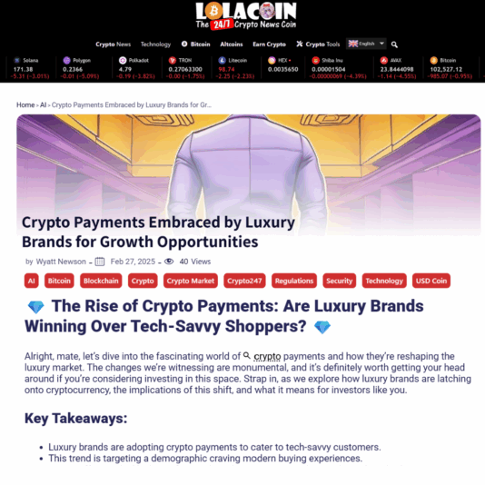 A digital news article titled "Crypto Payments Embraced by Luxury Brands for Growth Opportunities" features an illustration of a person in front of mannequins and luxury store displays, highlighting the rise of crypto payments in retail.