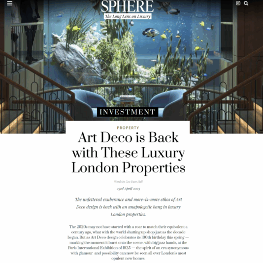 A stylish, modern interior featuring a dramatic staircase, large indoor fish tanks, and lush plants showcases art deco design influences in the revival of luxury London properties.