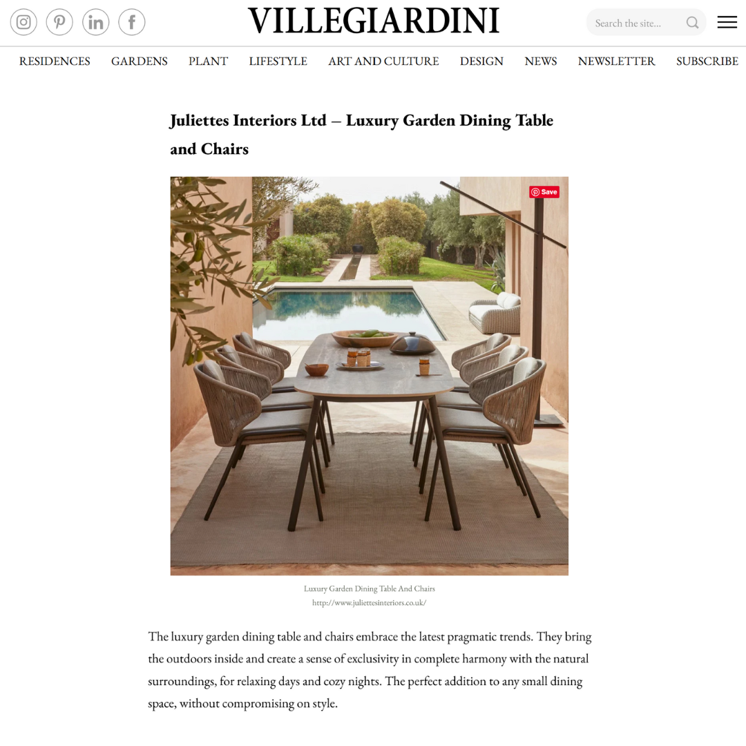 A screenshot of part of the copy in the article on Villegiardini, with the title: 'En plein air, all the best for outdoor living'. The article features Juliettes Interiors.