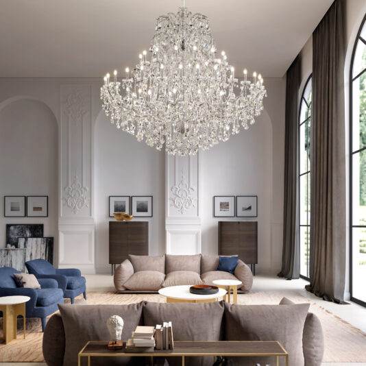 Classic Style Empire Crystal Chandelier A spacious, elegant living room featuring tall arched windows, neutral sofas, a Classic Style Empire Crystal Chandelier as the centerpiece, modern artwork on white paneled walls, and ample natural light streaming in.