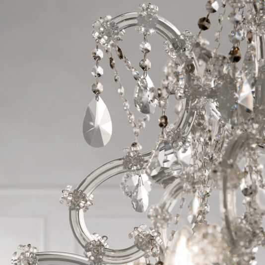 Classic Style Empire Crystal Chandelier Close-up of the Classic Style Empire Crystal Chandelier, highlighting its elegant glass curves and teardrop crystals reflecting light, set against a soft neutral background.