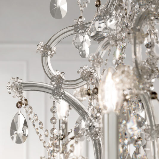 Classic Style Empire Crystal Chandelier A close-up of the Classic Style Empire Crystal Chandelier reveals sparkling glass beads, ornate curved arms, and teardrop crystals that reflect light and create an elegant, luxurious ambiance.