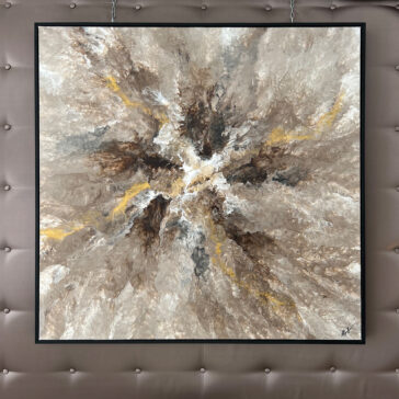 Contemporary Abstract Original Artwork Contemporary Abstract Original Artwork features swirling beige, brown, white, and yellow patterns in a dynamic explosion effect. This framed piece displays elegantly on a tufted beige background.