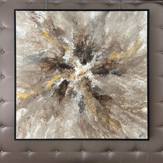 Contemporary Abstract Original Artwork features swirling beige, brown, white, and yellow patterns in a dynamic explosion effect. This framed piece displays elegantly on a tufted beige background.