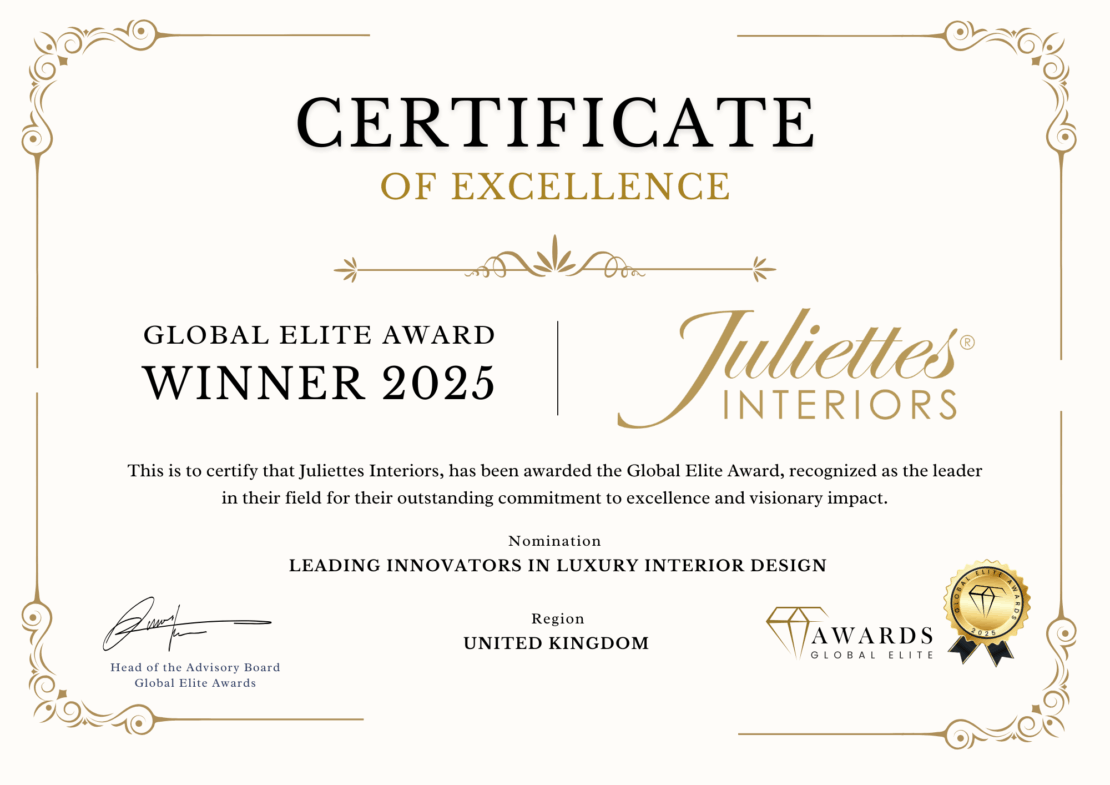 An image of a certificate to recognise Juliettes Interiors as a Global Elite Award Winner 2025. It certifies that the brand was awarded Leading Innovators in Luxury Interior Design.