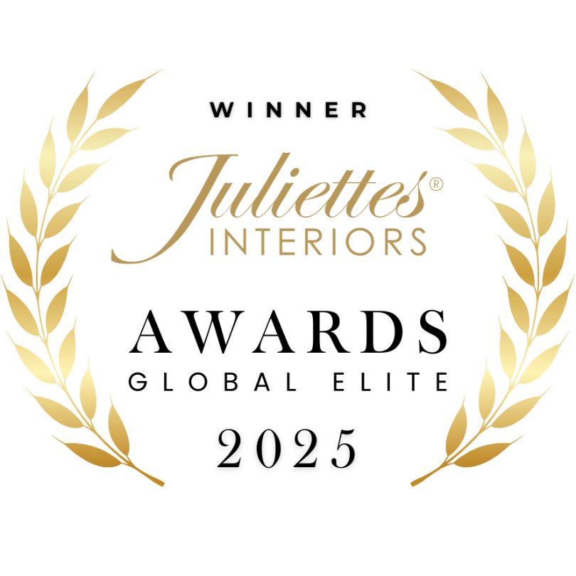 A gold laurel wreath surrounds the text: "Winner Juliettes Interiors Global Elite Award 2025" on a white background.