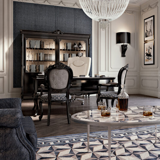 Elegant office featuring black and white furniture, a High End Leather Swivel Office Chair, chandelier, large bookcase, modern art, and a marble coffee table with glasses and decanter surrounded by plush chairs.