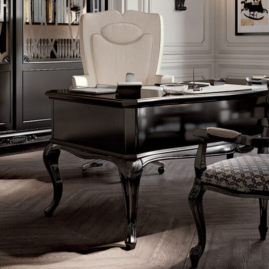 Elegant office with a black glossy desk and stylish curved legs, featuring the High End Leather Swivel Office Chair in cream. Patterned armchair, bookshelves, and framed artworks complete the sophisticated ambiance.