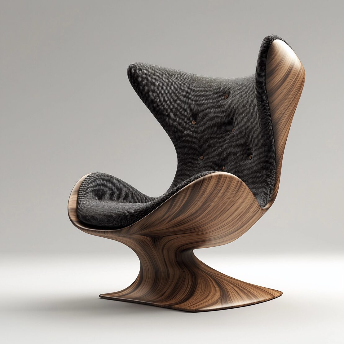 A modern, sculptural chair with a sleek, wood-grain base and dark, cushioned upholstery. This ai-designed furniture piece features a high, curved back and smooth, flowing lines, set against a plain gray background.