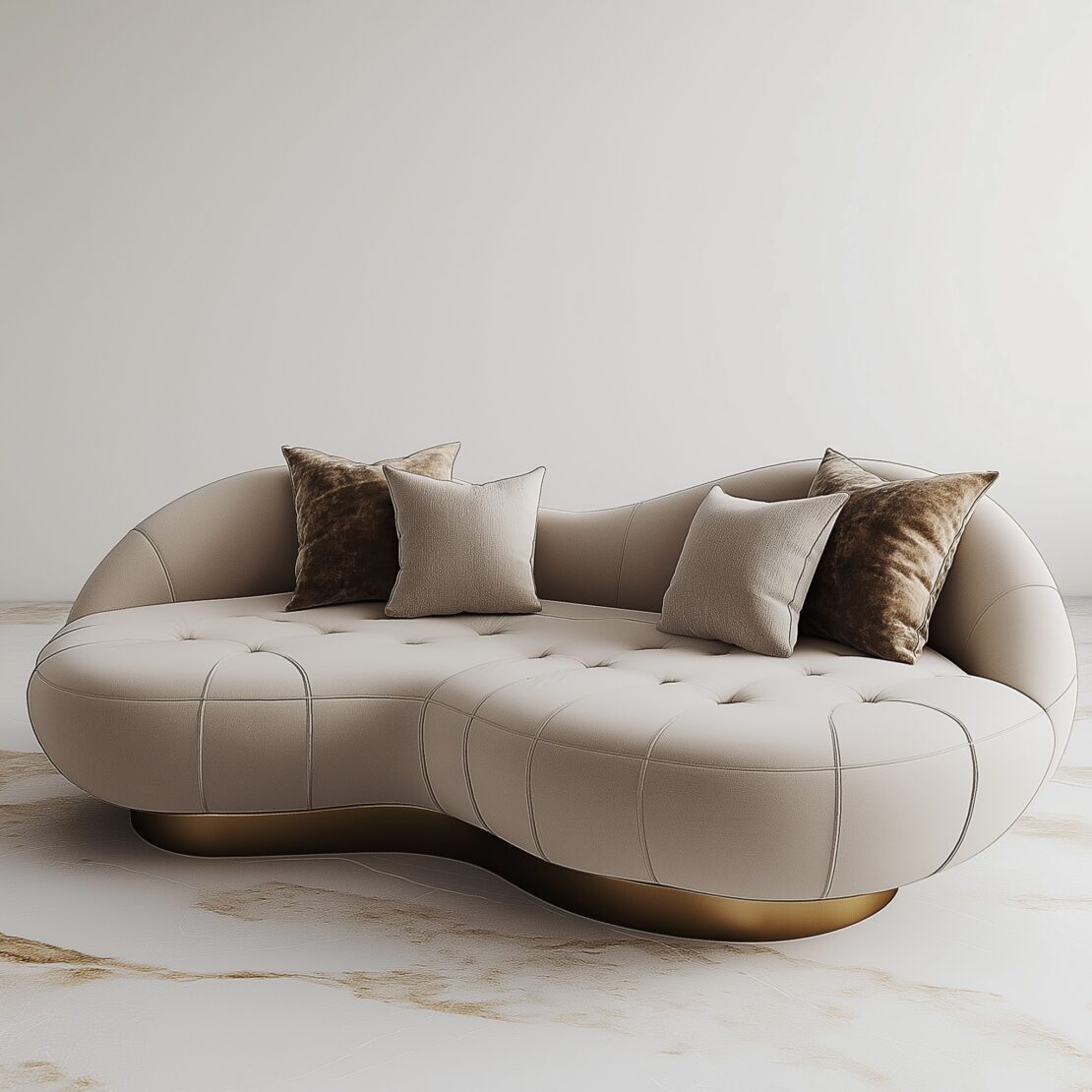 A modern, cream-colored curved sofa with tufted upholstery, gold base, and four plush pillows—two beige and two brown—exemplifies ai-designed furniture set against a minimalist white wall and marble floor.