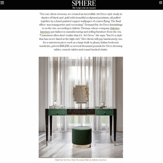 A screenshot of an article on Sphere, with the title: 'Art Deco is Back with These Luxury London Properties'. The article features Juliettes Interiors.