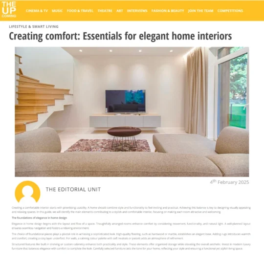 A screenshot of an article on The Up Coming, with the title: 'Art Deco is Back with These Luxury London Properties'. The article features Juliettes Interiors.