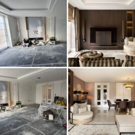 A split image captures the dramatic before & after: one side shows a room under renovation with bare walls and tools, while the other reveals elegantly furnished living and dining areas with stylish decor and lighting.