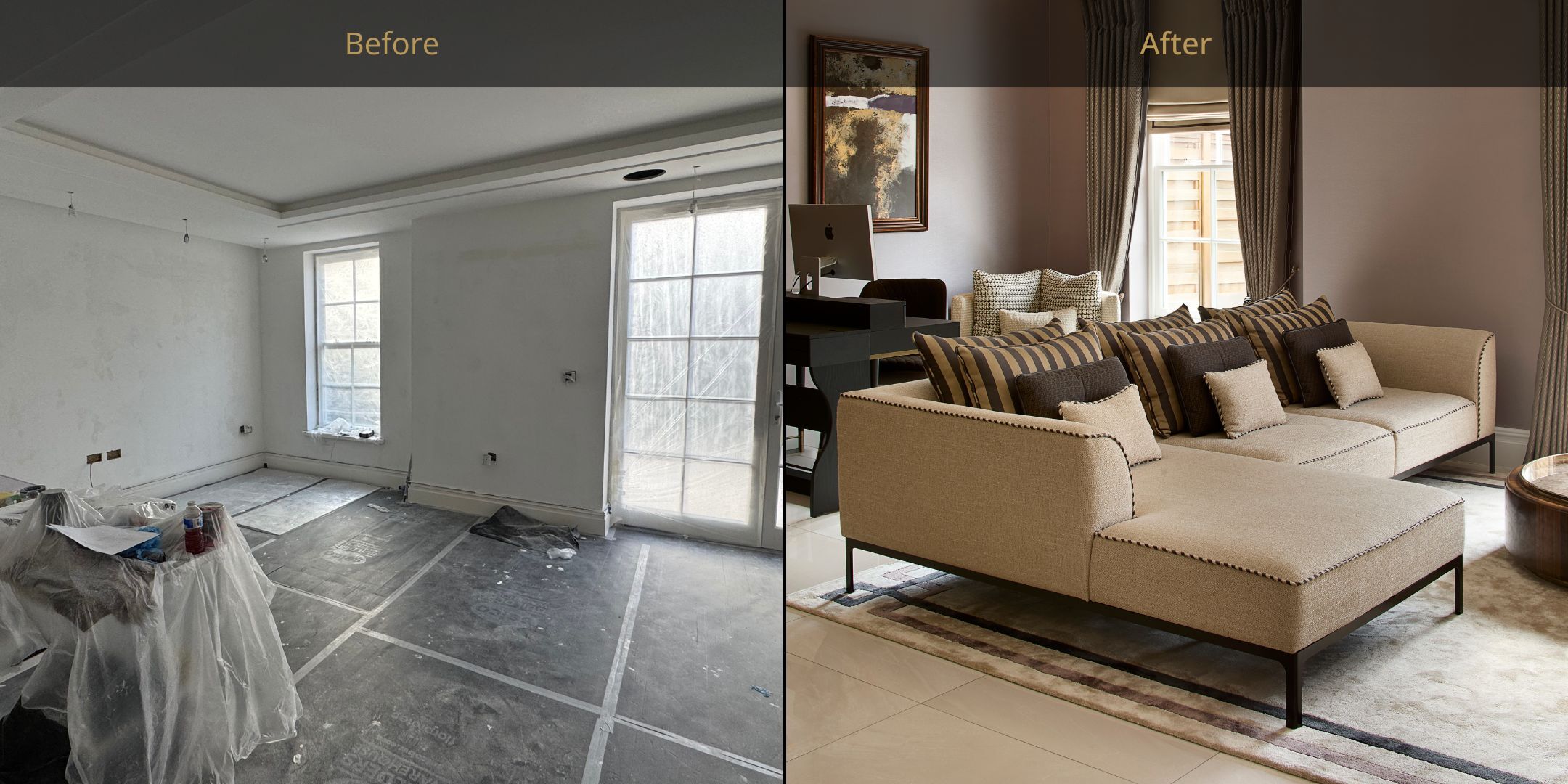 A before and after image. The before image is on the left, showing an empty room with a workbench. Windows and the floor are covered in plastic protective sheets. On the right is the after image, showing a sophisticated dark wood desk in front of a window framed by gold curtains. Central to the after image is a large corner sofa in a taupe fabric and decorative striped brown and gold cushions.