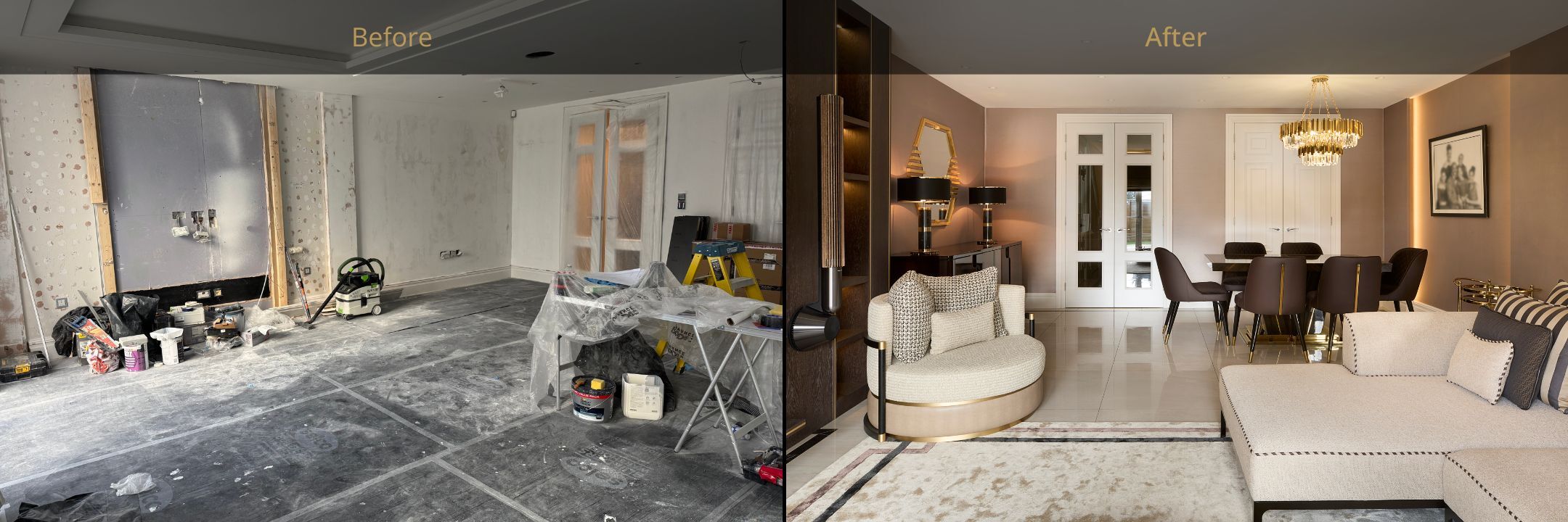 A before and after photo. The before photo is on the left and shows a room mid-rennovation. It is void of furniture and contains items like a workbench, step ladder and vacuum. Plastic sheets cover the windows and floor. The after photo, on the right, shows a stunning dining area with bespoke table and chairs in a deep brown. Above the table is a golden chandelier and to the left of it is a striking art deco mirror framed by two black and gold table lamps.