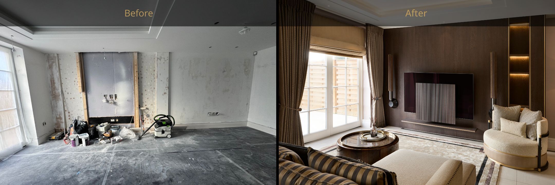 A before and after image. On the left is the before image, showing an empty room with a boarded space prepped to house a TV. Beneath it is a pile of DIY equipment and a vacuum. The floors are covered with protective sheets. The after image is taken from the side of the sofa, showing a TV hidden behind a sophisticated, decorative entertainment system. The door is framed by luxury gold curtains and a large gold blind. To the right of the TV is an elegant round chair in ivory fabric.