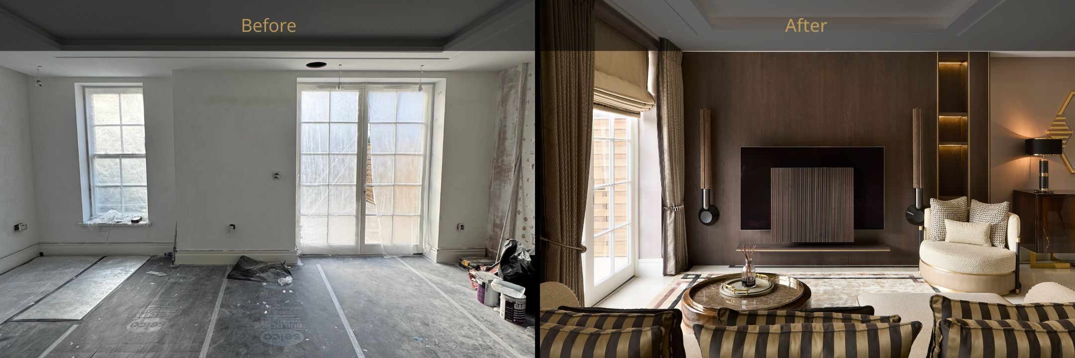 A before and after image. On the left is the before image, showing an empty room with walls painted white. There is a window and set of doors both covered in plastic sheeting and the floors are covered with protective sheets. The after image is taken from behind a sofa, showing a TV hidden behind a sophisticated, decorative entertainment system. The door is framed by luxury gold curtains. To the right of the TV is an elegant round chair in ivory fabric.