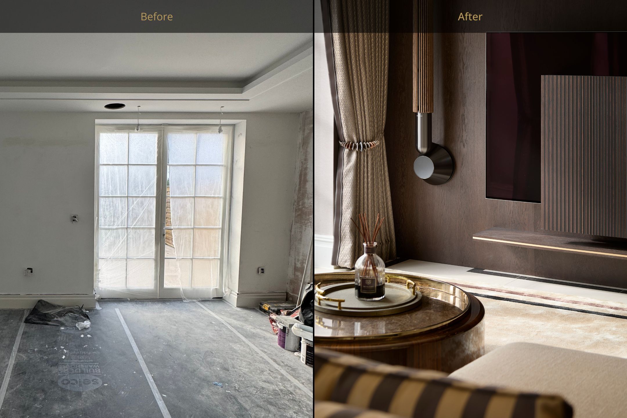 A before and after image. On the left is the before showing an empty white room with windowed doors covered in plastic sheeting. On the right is the after image, showing beautiful dark wood walls, luxury rug, gold curtains hanging around the doors and a marble coffee table.
