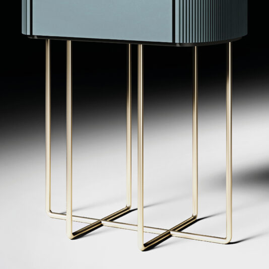 A Classic Baroque Style Mirror (Copy) is elegantly displayed beside a modern table with a blue rectangular top and gold metal legs, set against a gradient black-and-white background.