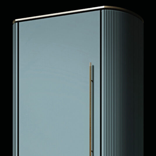 A modern blue cabinet with vertical side grooves, glossy front, and a slim metallic handle pairs seamlessly with the Classic Baroque Style Mirror (Copy), blending elegance and contemporary style. Rounded top edges enhance its sleek look.