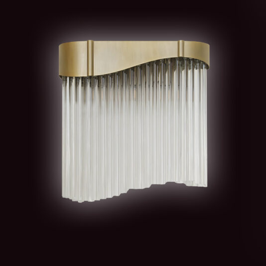 The Contemporary Wavy Tiered Chandelier (Copy) features a curved gold metal top and long hanging clear glass rods, bringing modern elegance to your space, especially against a dark background.