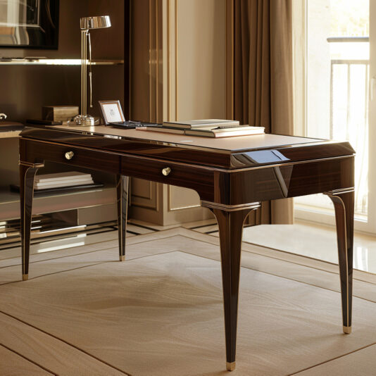 The Exclusive Designer Writing Desk, featuring drawers and metallic accents, stands in a bright room. Its sleek wooden top holds books, a lamp, notepad, and framed photo, complemented by large windows and elegant neutral decor.