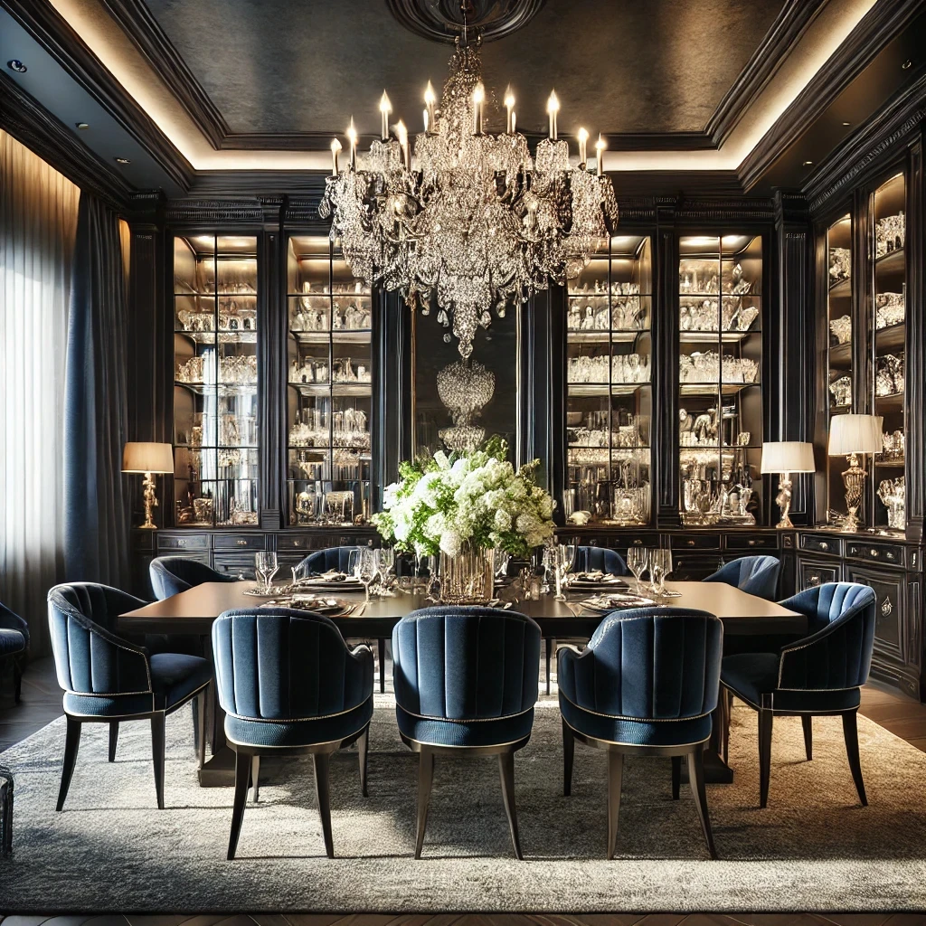 A luxurious dining room with a large crystal chandelier, dark walls, glass cabinets filled with fine china, a long table set for eight, blue upholstered chairs, and a floral centerpiece inspired by luxury interior design guides.