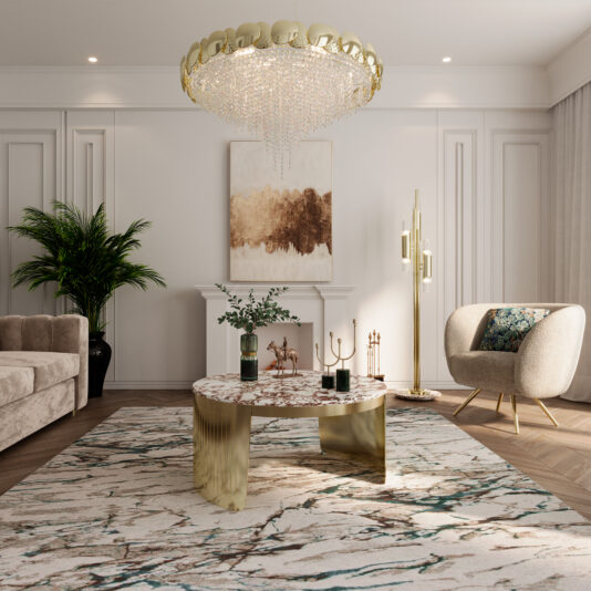 Round Contemporary Marble Coffee Table Elegant living room with a crystal chandelier, abstract wall art, beige sofa, stylish armchair, potted plant, decorative accents on a patterned rug, and the Modern Marble Coffee Table featuring gold details as a stunning centerpiece.