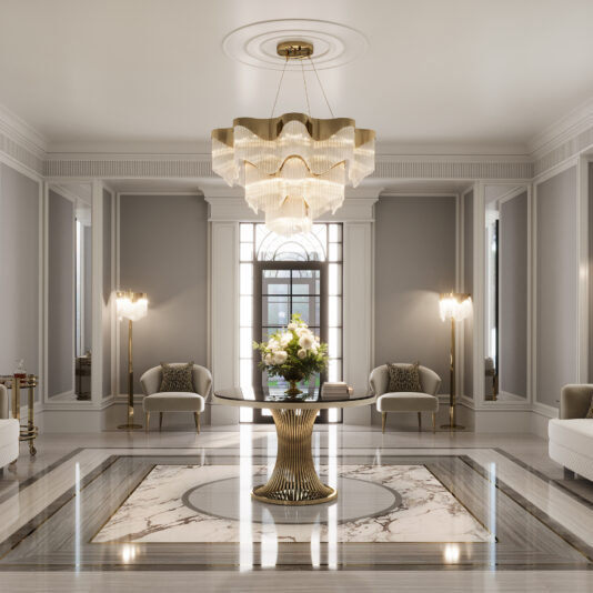 Round Lacquered Contemporary Dining Table The elegant lobby features a Round Marble Contemporary Dining Table (Copy) as the centerpiece with florals, surrounded by two armchairs, tall standing lamps, and a large chandelier. Light pours in through a tall arched window in the background.