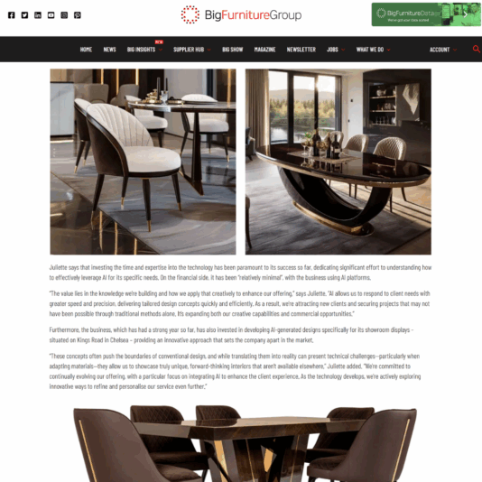 A modern office space from Big Furniture Group features an elegant desk with a gold base, a laptop, decorative items, and a plush beige chair. Two accent chairs and a round glass table complete the luxurious, contemporary setting.