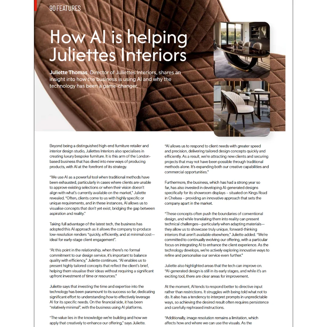 A screenshot of part of the copy in the article in Big Furniture Group's print magazine, with the title: 'How AI is helping Juliettes Interiors'. The article features Juliettes Interiors.