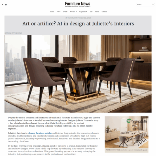 A modern dining room with a wooden table, gold legs, and four brown velvet chairs. A large abstract painting hangs on the wall, and a green plant sits on a sideboard in the background. Stay updated with the latest furniture news and AI design trends overlaid.