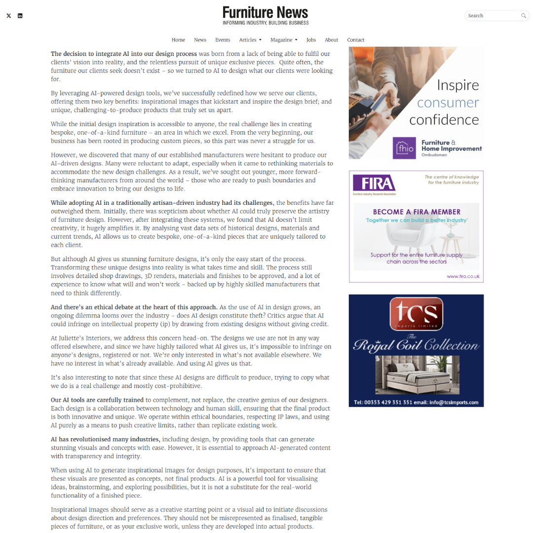 A screenshot of part of the copy in the article on Furniture News, with the title: 'Art or artifice? AI in design at Juliette's Interiors'. The article features Juliettes Interiors. 
