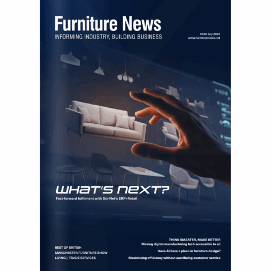 A magazine cover titled "Furniture News" features a hand reaching toward floating digital furniture models—art and artifice merging—with the headline "What's Next?" and topics about technology and industry trends in furniture manufacturing.