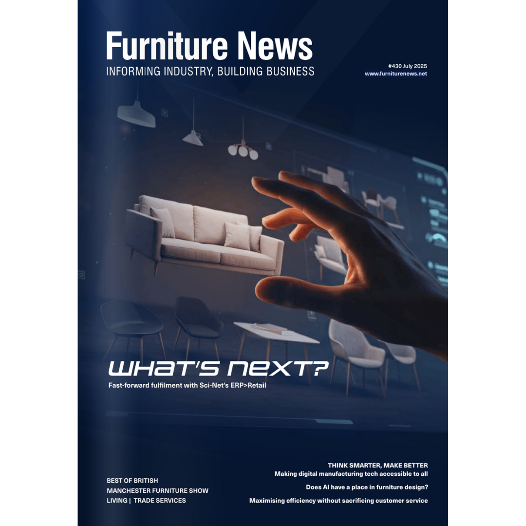 A screenshot of the front cover of Furniture News' print magazine, July edition. The magazine features Juliettes Interiors.