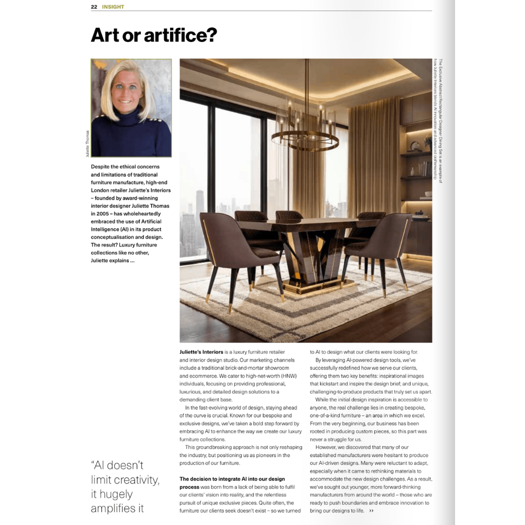 A screenshot of part of the copy in the article in Furniture News' print magazine, with the title: 'Art or artifice?'. The article features Juliettes Interiors.