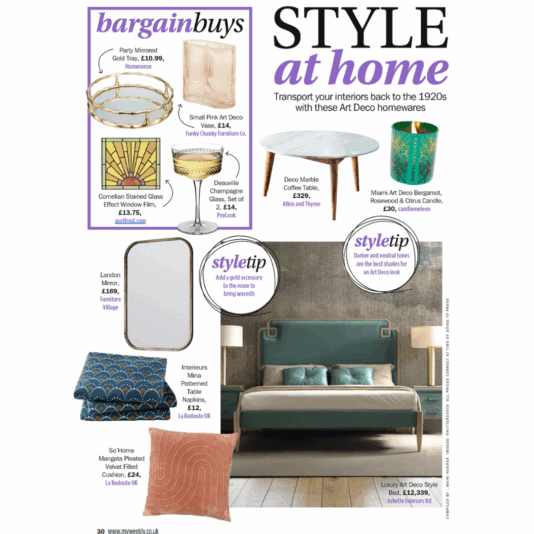 A my weekly magazine page features Art Deco homeware items, including a mirrored tray, marble coffee table, green lamp, pink cushion, blue bedding, and a large teal bed, with home styling tips and prices.