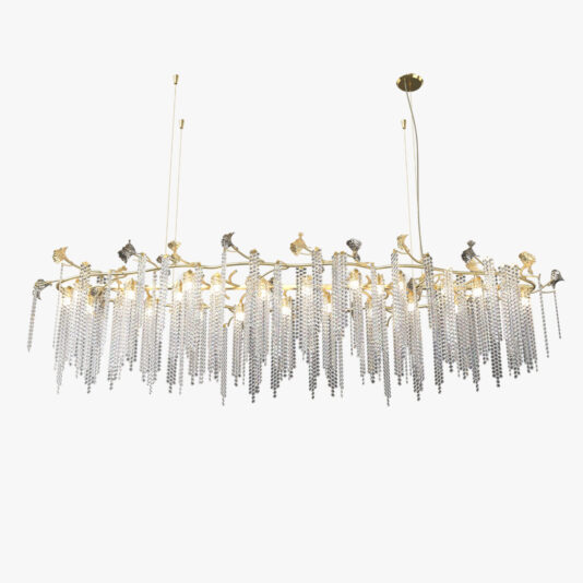 Contemporary Leaf Chandelier With Crystal Drops The Contemporary Wavy Tiered Chandelier (Copy) showcases gold branches, crystal birds, and cascading strands of sparkling crystals, all elegantly suspended by thin gold wires against a white background.