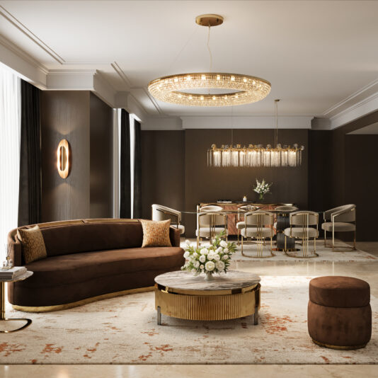 Contemporary Leaf Chandelier With Crystal Drops Elegant living and dining area with brown and gold tones, highlighted by a curved sofa, marble coffee table, plush ottoman, floral centerpiece, and the Contemporary Leaf Chandelier With Crystal Drops as a stunning focal point.