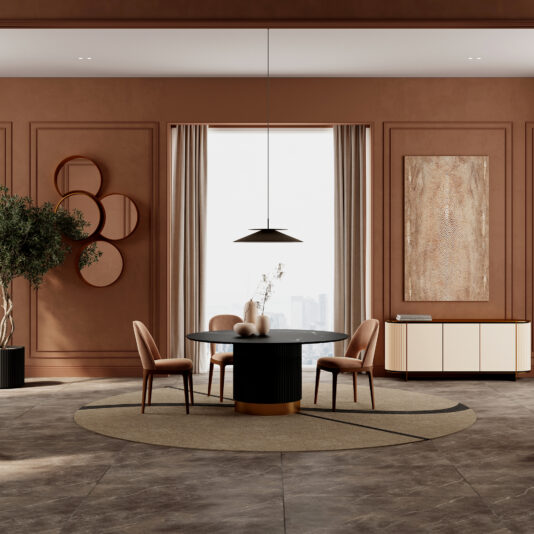 Modern dining room with brown walls, a Round Contemporary Marble Effect Dining Table, four brown chairs, minimalist pendant light, large window with beige curtains, wall art, sideboard, decorative vases, potted tree on a circular rug.